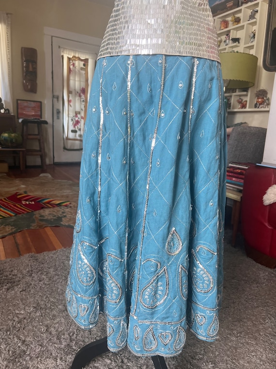 1990s turquoise linen and sequins paisley circle s