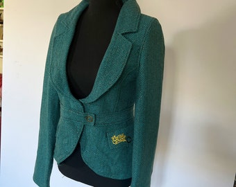 Metallic Turquoise Teal Chevron Herringbone Pattern Fitted Blazer Gsus Sindustries with Embroidered Graffiti Logo