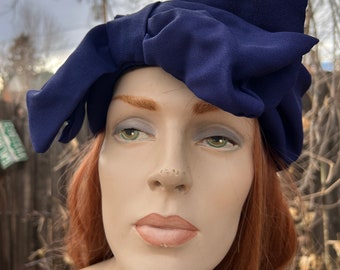Vintage Navy Blue Satin Flapper Turban with Bow