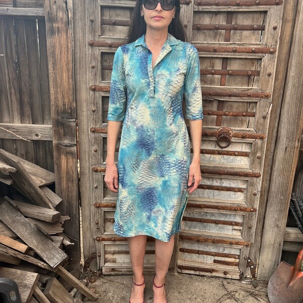 1990s ABS by Allen Schwartz Robins Egg Blue Snakeskin Print Super Soft Microfiber Mini Dress