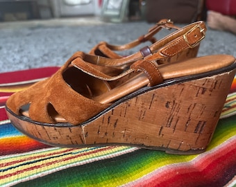 1970s cork wedge cinnamon suede sandal