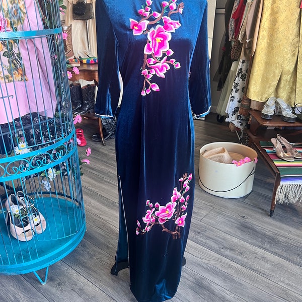 1990’s sapphire blue Velvet Chinoiserie full length dress