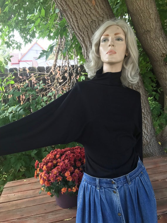 1980’s Cami International Black Wool Batwing Turt… - image 2