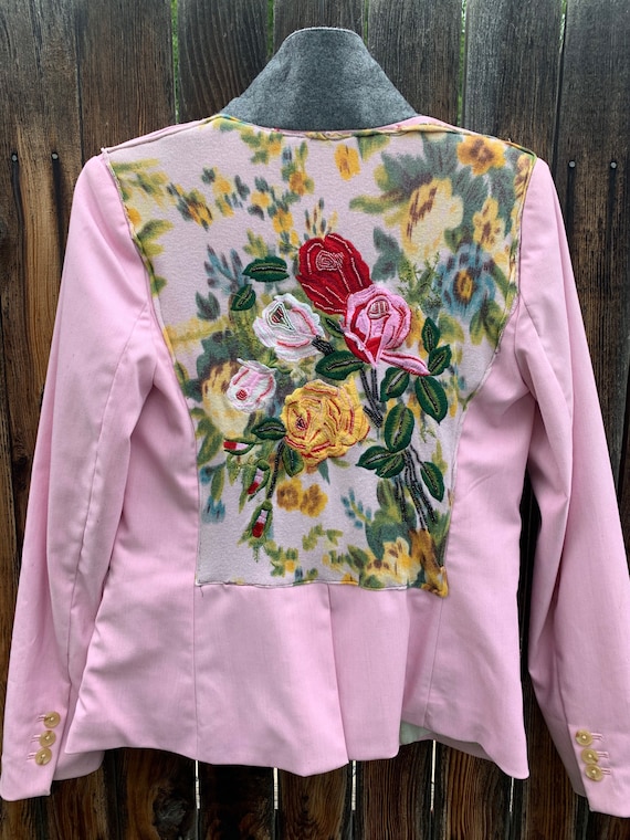 Reworked Pink blazer embroidered floral backpiece