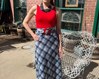 1970s Polyester Maxi Navy and White Checkered Skirt with Red Heart belt buckle