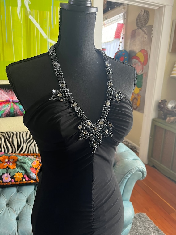 1990s Y2k Cache black matte jersey bejeweled halt… - image 4