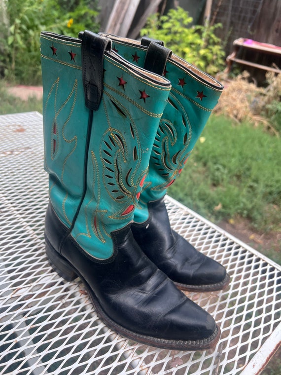1950s Texas Boot Black and Turquoise With Inlay Thunderbird  display picture 1