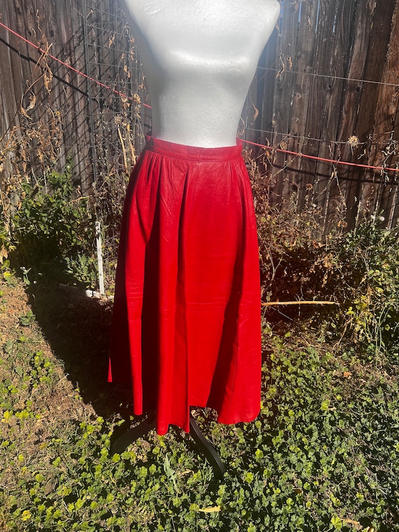 1970’s Turkish coral red leather midi skirt
