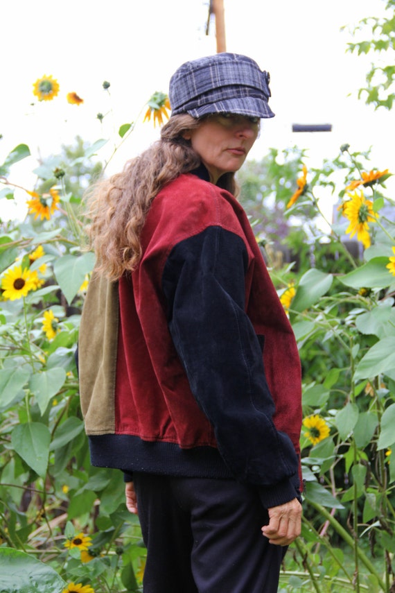 1980's colorblock suede baseball jacket burgundy … - image 4