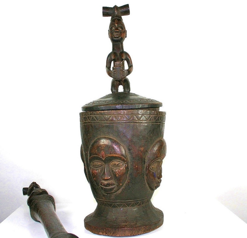 Nigerian Bowl African Yoruba Ceremonial Bowl Mortar and Pestle Kneeling Female Presenting Bowl