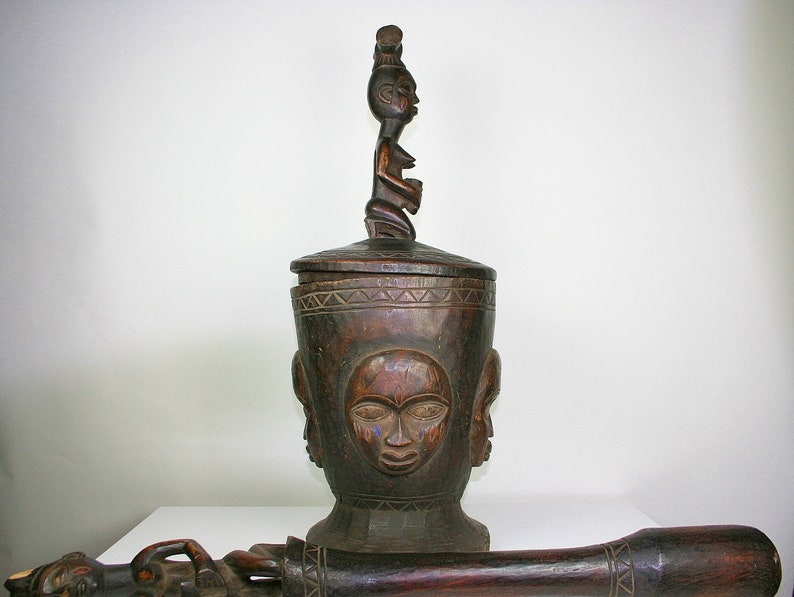 Nigerian Bowl African Yoruba Ceremonial Bowl Mortar and Pestle Kneeling Female Presenting Bowl