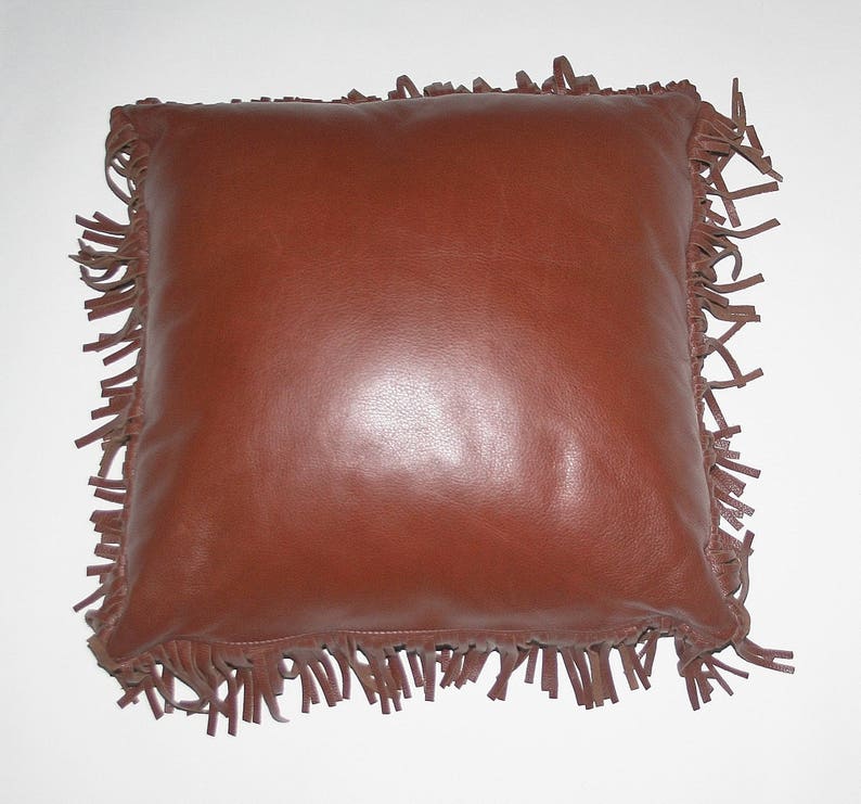 Pillow Leather & Suede Pillow Cover With Fringe Chestnut Brown Full