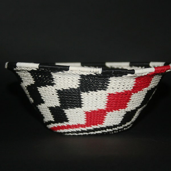 African Telephone Wire Bowl Zulu Basket White Black Red Swirl - 7.5" D X 3.75" H