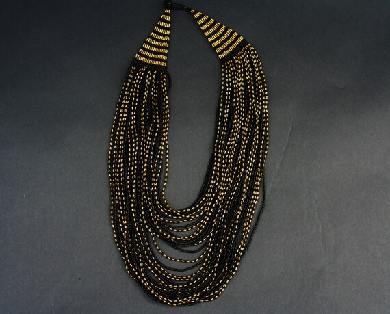 Multistrand Beaded African Necklace Gold Black Tr… - image 3