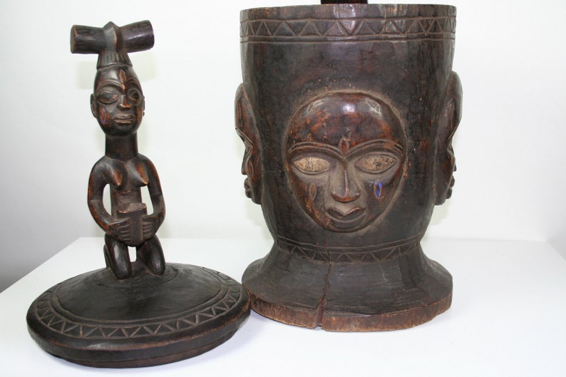 Nigerian Bowl African Yoruba Ceremonial Bowl Mortar and Pestle Kneeling Female Presenting Bowl
