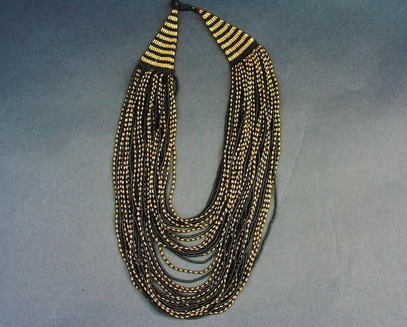 Multistrand Beaded African Necklace Gold Black Tr… - image 1