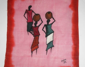 African Batik Art Tribal Women Abstract Painting Vintage West Africa  22.5" X 18.5" Signed By Artist