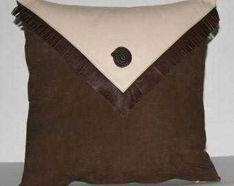 Pillow Authentic Suede & Leather Pillow Cover Cushion Chocolate Brown Cream 18" x 18"