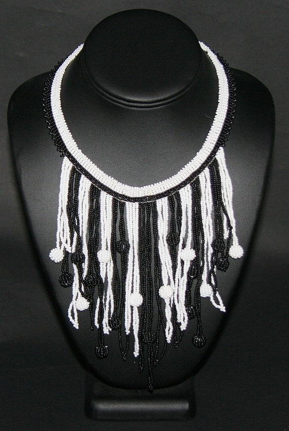 Necklace Choker Beaded African Black White Handcra