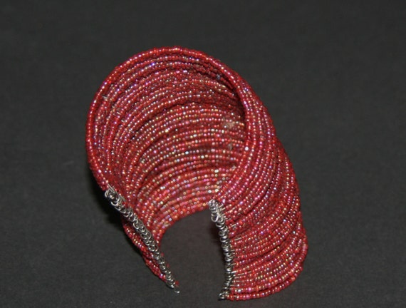 African Bead and Wire Arm Cuff Bracelet Ruby Red … - image 4