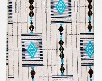 African Fabric 6 Yards Vlisco Tisse de Woodin Classic Cyan Blue, White, Navy, Chocolate,Turquoise Boho Abstract Elements