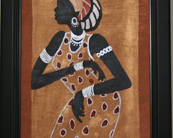African Woman Painting Modern Xhosa Tribal Woman III Acrylic on Textile Framed in Black Original Art 24"H X 16"W