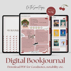 May include: A digital book journal template with a pink background and a cherry motif. The template includes sections for book reviews, reading lists, and a "My Book Journal" section. The text "On The Same Pages" is at the top of the page. The text "Download Now" is in a red box. The text "Digital Bookjournal" is at the bottom of the page. The text "Download PDF for Goodnotes, notability etc." is below the text "Digital Bookjournal".