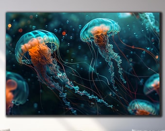 Arte mural de medusas - Arte mural de vidrio marino - Impresión en vidrio - Arte mural de vidrio templado - Impresión de medusas - Decoración mural de medusas
