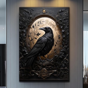 May include: A black raven perched on a branch with a full moon in the background. The raven is surrounded by intricate floral designs and a skull. The artwork is framed in a black frame.