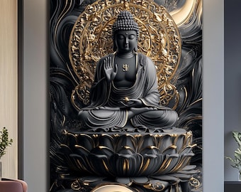 May include: A black and gold 3D rendering of a Buddha statue sitting in a lotus position. The statue is surrounded by intricate details and patterns.