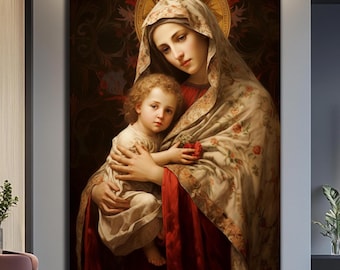 May include: A painting of the Virgin Mary holding a young child. The Virgin Mary is wearing a white and gold robe with a red sash. The child is wearing a white robe. The painting is set against a dark background with floral details.