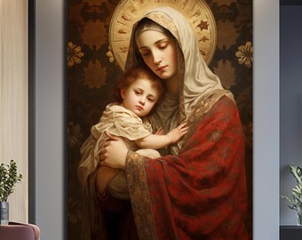 May include: A painting of the Virgin Mary holding a baby Jesus. The Virgin Mary is wearing a red and gold robe and a blue veil. The baby Jesus is wearing a white robe. The painting is set against a background of gold and brown.