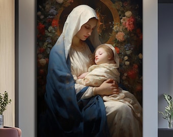 May include: A painting of the Virgin Mary holding a baby Jesus. The painting is set against a background of flowers and a golden halo.