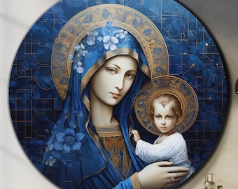 May include: A round painting of the Virgin Mary holding a baby Jesus. The painting is in a blue and gold color scheme with a detailed background.