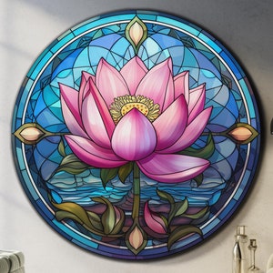 Lotus Flower Wall Art-Tempered Glass Wall Art-Round Wall Art-Stained Glass Print-Mosaic Art Print-Lotus Flower Print-Circle Wall Art