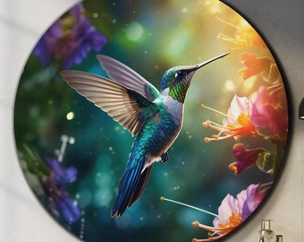 May include: A vibrant green and blue hummingbird with long, iridescent feathers hovers in mid-flight, its beak extended towards a cluster of pink and purple flowers. The background is a soft, blurred green with sparkling lights.