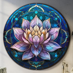 Lotus Flower Wall Art-Tempered Glass Wall Art-Round Wall Art-Stained Glass Print-Mosaic Art Print-Lotus Flower Print-Circle Wall Art