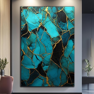 Op de afbeelding: Abstracte kunstprint met een blauw en gouden marmerontwerp. De print heeft een gebarsten en gebroken effect, met gouden aderen die door het blauwe marmer lopen.