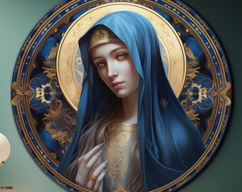 May include: A round, blue and gold framed wall art print featuring a woman with long, dark hair wearing a blue robe and a gold crown. The woman is looking down with a soft expression. The background is a dark blue with gold accents.