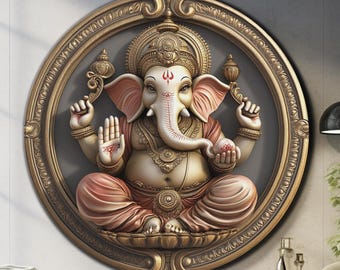 Ganesha Wand Kunst-Gehärtetes Glas Wand Kunst-Hindu Wand Kunst-Runde Wand Kunst-Große Glas Wand Kunst-Ganesh Wand Dekor-Glasdruck-Kreis Wand Kunst