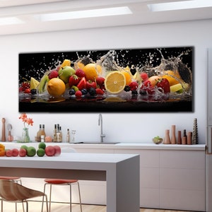 May include: A colourful assortment of fresh fruit, including lemons, limes, strawberries, kiwi, and blueberries, is splashed with water against a black background.