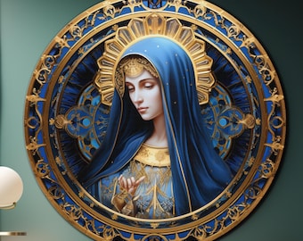 May include: A round, framed artwork featuring a painting of a woman in a blue robe with a gold halo. The artwork has a gold and blue ornate frame with intricate details.