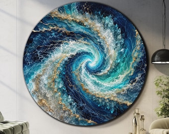 Ocean Wave Wall Art,Crystal Ocean Art,Tempered Glass Wall Art, Luxury Glass Wall Art,Round Painting, Large Wall Art, Abstract Glass Wall Art