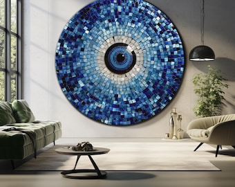 Tempered Glass Wall Art, Evil Eye Wall Art, Modern Glass Wall Art, Round Painting, Large Glass Wall Art, Nazar Amulet, Mosaic Glass Wall Art