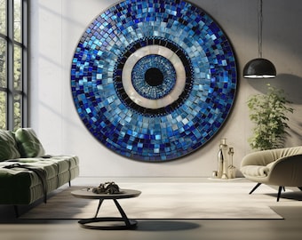 Tempered Glass Wall Art, Evil Eye Wall Art, Modern Glass Wall Art, Round Painting, Large Glass Wall Art, Nazar Amulet, Mosaic Glass Wall Art