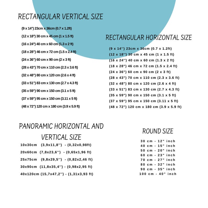 May include: A chart showing different sizes for rectangular, panoramic, and round photos. The chart includes measurements in inches and centimetres, as well as the equivalent measurements in feet.