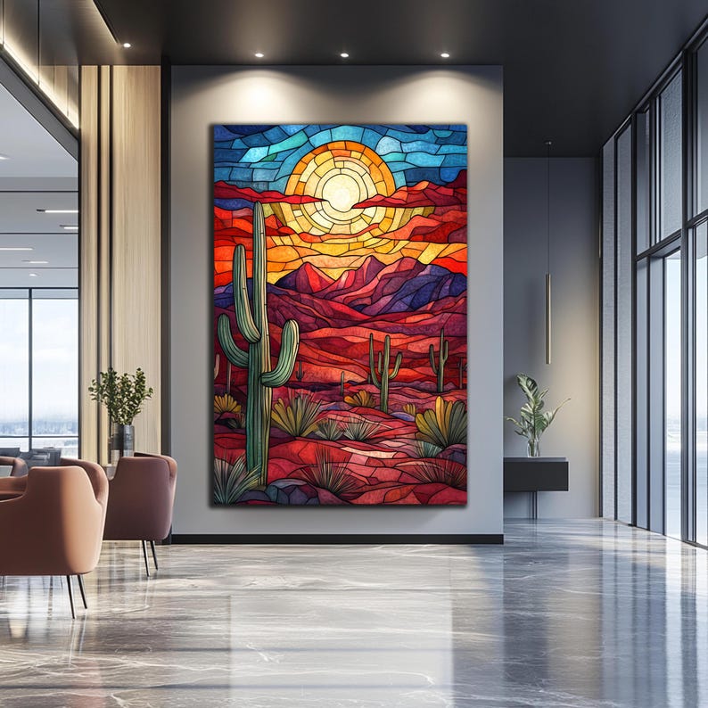May include: A stained glass style illustration of a desert landscape with a large sun in the sky and cacti in the foreground. The colours are vibrant and include shades of red, orange, yellow, green, and blue.