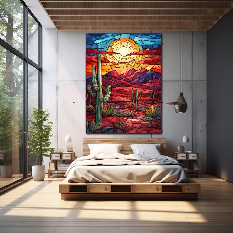 May include: A stained glass style artwork depicting a desert landscape with a large sun in the sky, cacti, and a red, orange, and purple colour scheme.