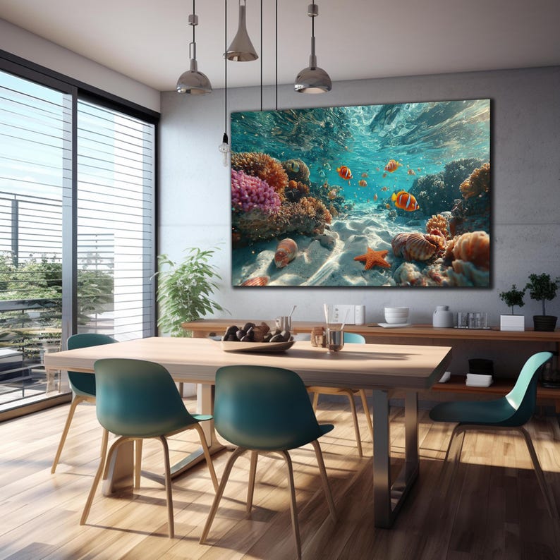 May include: A large rectangular wall art print featuring an underwater scene with vibrant orange clownfish swimming among colorful coral reefs, textured sea anemones, and a bright orange starfish resting on a sandy ocean floor.
