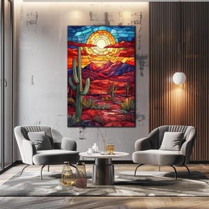 May include: A stained glass style artwork depicting a desert landscape with a large sun in the sky, a cactus in the foreground, and mountains in the background. The colours are vibrant and include shades of red, orange, yellow, green, and blue.